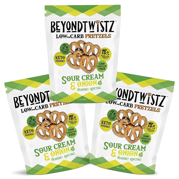 BeyondTwistz Low Carb Pretzels, Sour Cream and Onion, Keto Friendly, 2g Net Carbs, 18g Protein, Powered By HealthSense® High Fiber Wheat Flour, Family Size 8oz Bag, Pack of 3