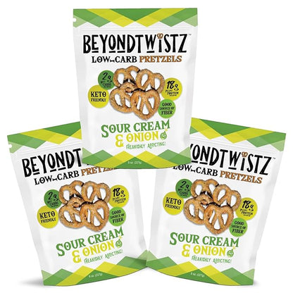 BeyondTwistz Low Carb Pretzels, Sour Cream and Onion, Keto Friendly, 2g Net Carbs, 18g Protein, Powered By HealthSense® High Fiber Wheat Flour, Family Size 8oz Bag, Pack of 3