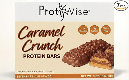 ProtiWise Caramel Crunch High Protein Snack Bars – On-The-Go Protein Snack, 15g Protein, 170 Calories – Gluten-Free – Caramel Chocolate Crunch Flavor – 7 Count Box