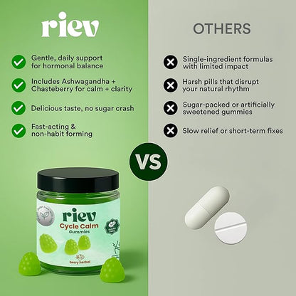 riev Cycle Calm Gummies – Berry Herbal Flavor – Sugar-Free – Hormonal Balance & Mood Support for Women – Supports Focus & Emotional Wellness – Vegan, Non-GMO – 30 Gummies
