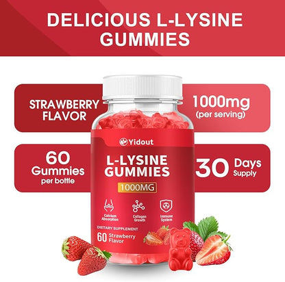 L-Lysine 1000mg Gummies for Immune Support & Skin Health -Chewable Lysine Supplement for Adults, Sugar-Free, Natural Strawberry Flavor, Gluten-Free (60 Count（Pack of 1）)