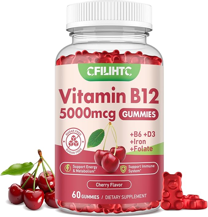 Vitamin B12 Gummies for Women & Men, 5000mcg Methyl B12 Gummies with Vitamin B6, D3, Iron, Folate for Adults, Support Energy & Metabolism Boost, Mood, Immune & Nervous System, Sugar Free Cherry Flavor