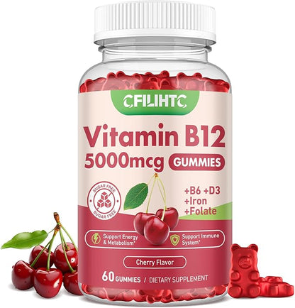 Vitamin B12 Gummies for Women & Men, 5000mcg Methyl B12 Gummies with Vitamin B6, D3, Iron, Folate for Adults, Support Energy & Metabolism Boost, Mood, Immune & Nervous System, Sugar Free Cherry Flavor