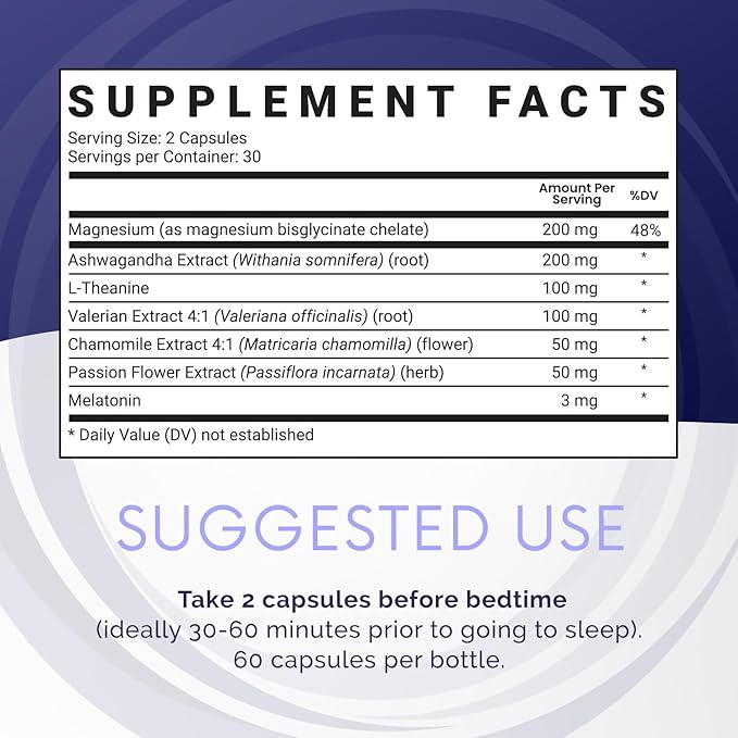 PurePlay Sleep Aids for Adults, Melatonin 3mg Complex with Magnesium and Ashwagandha, Non-Habit Forming Sleep Supplement, 60 Capsules, 30-Days Supply