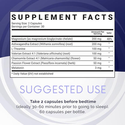PurePlay Sleep Aids for Adults, Melatonin 3mg Complex with Magnesium and Ashwagandha, Non-Habit Forming Sleep Supplement, 60 Capsules, 30-Days Supply