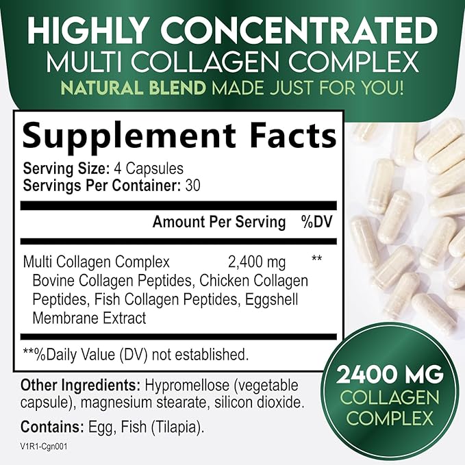 Multi Collagen 2400mg Per Serving - Advanced Formula Types I, II, III, V, X - Hydrolyzed Multi Collagen Pills - Collagen Peptides Supplement for Women & Men - Hair, Skin, & Nail Support - 120 Capsules
