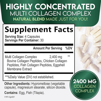 Multi Collagen 2400mg Per Serving - Advanced Formula Types I, II, III, V, X - Hydrolyzed Multi Collagen Pills - Collagen Peptides Supplement for Women & Men - Hair, Skin, & Nail Support - 120 Capsules