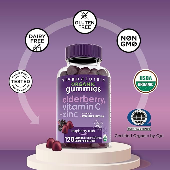 Viva Naturals Sambucus Elderberry Gummies for Adults - 150mg Black Elderberry Vitamin C and Zinc, 3-in-1 Daily Immune Support Gummies, Raspberry Rush Flavor, USDA Organic, Non-GMO, (120 Count)