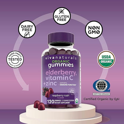 Viva Naturals Sambucus Elderberry Gummies for Adults - 150mg Black Elderberry Vitamin C and Zinc, 3-in-1 Daily Immune Support Gummies, Raspberry Rush Flavor, USDA Organic, Non-GMO, (120 Count)