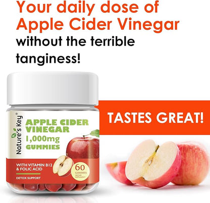 Nature's Key Apple Cider Vinegar Gummies -1000mg 60 Count, for Weight Loss, Digestion, Natural Detox & Cleanse | Vegan, Non-GMO, Gluten Free| with Folic Acid Vitamin B6 B12 Beetroot Pomegranate