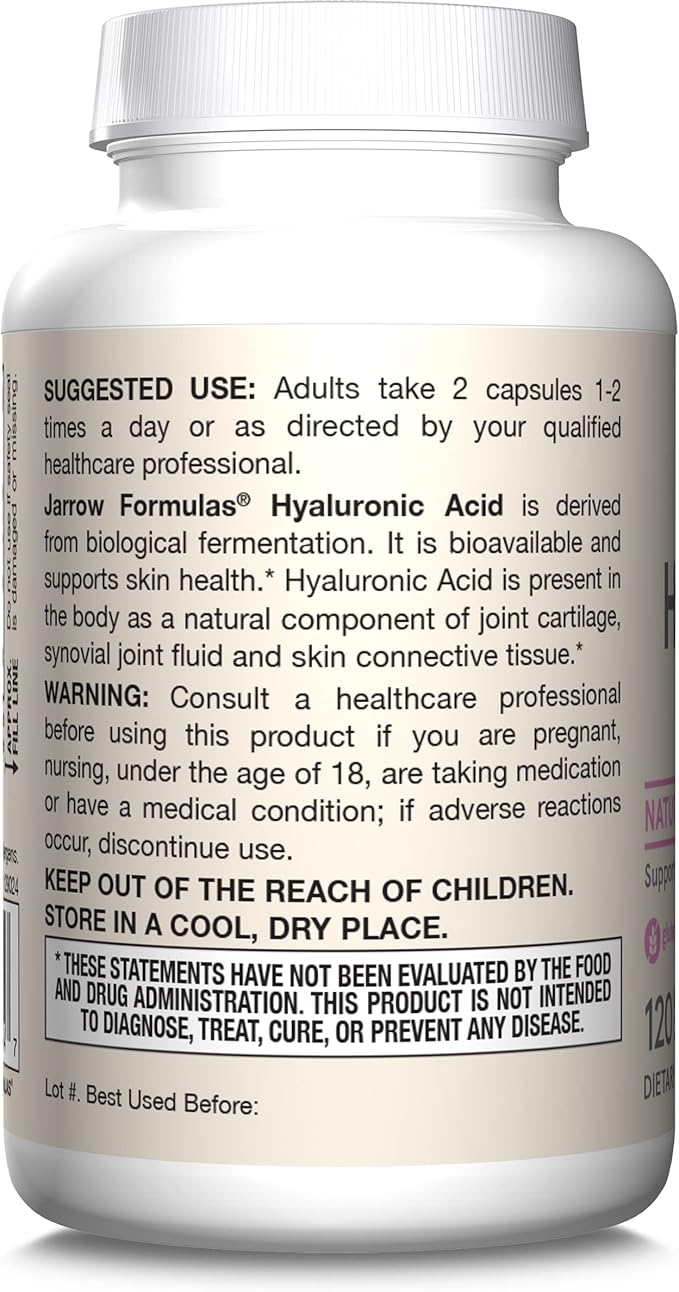 Jarrow Formulas® Hyaluronic Acid 120 mg, Dietary Supplement, Skin Health Support, 120 Veggie Capsules, Up to 60 Day Supply,(Pack of 2)