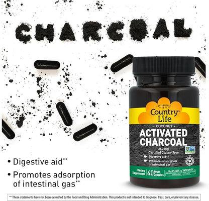 Country Life Coconut Activated Charcoal Capsules, 260mg – Natural Charcoal Supplement for Gas and Bloating Relief - Gluten-Free, 40 Vegan Capsules