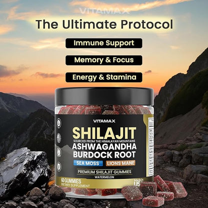 Organic Shilajit Gummies, Sea Moss, Ashwagandha, 105+ Trace Minerals – Organic Burdock Root & Lions Mane Mushroom – Watermelon Flavor - Vegan & Non-GMO – Made in USA – 60ct