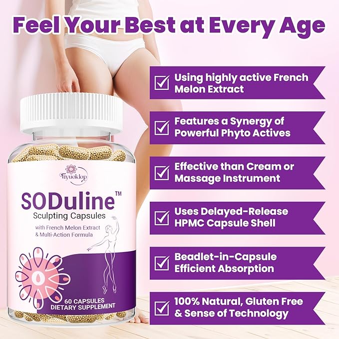 Anti Cellulite Supplement, SODuline™ Sculpting Capsules with French Melon SOD & Phyto Beadlets, Cellulite Reduces, Cellulite Remover for Legs, Skin Smoothing & Thighs, Collagen Supplements, 60 Caps