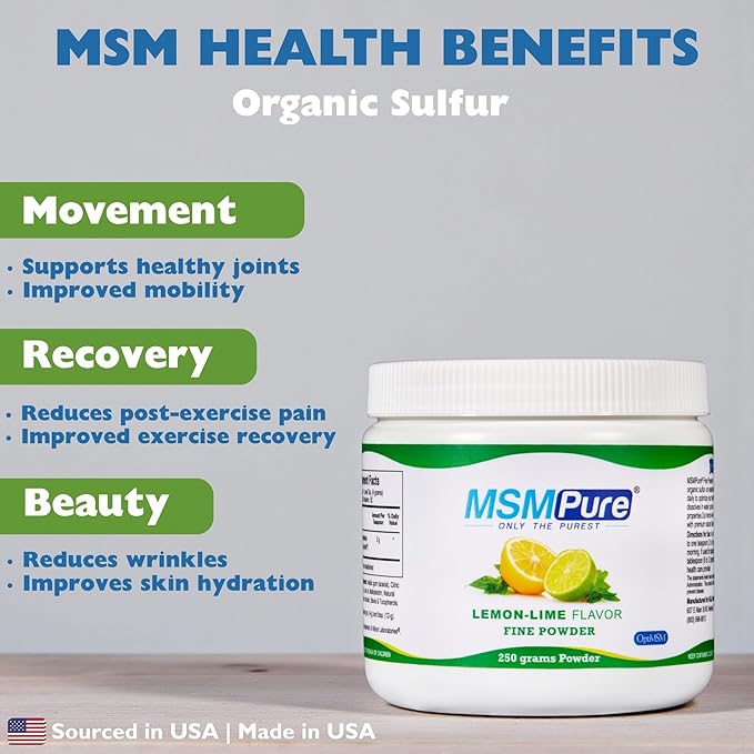 KALA HEALTH MSMPure Fast Dissolving Lemon Lime Flavored Fine MSM Powder Crystals – US-Made MSM for Joint Health, Skin Appearance, and Hair & Nail Support – 8.8 oz, Organic Sulfur