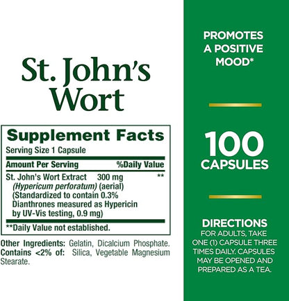 Nature's Bounty St. John’s Wort 300mg Capsules, Herbal Health Supplement, Promotes a Positive Mood, 100 Capsules (Pack of 3)