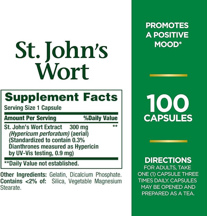 Nature's Bounty St. John’s Wort 300mg Capsules, Herbal Health Supplement, Promotes a Positive Mood, 1 Count (Pack of 200)