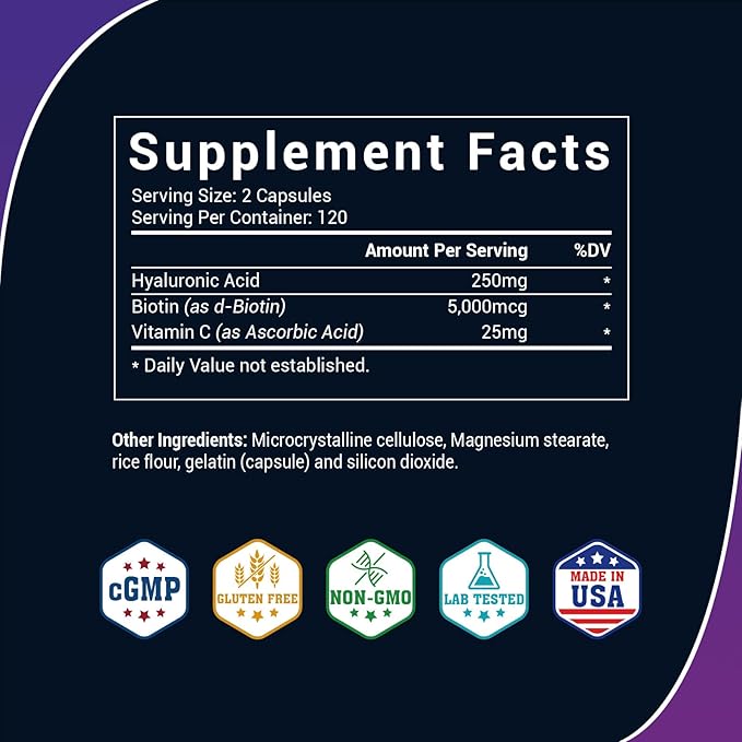BIO NUTRI Hyaluronic Acid Supplements 250mg|240 Capsules，with Biotin 5000mcg & Vitamin C 25mg - Skin, Hair & Joint 3 in1 Support (1)