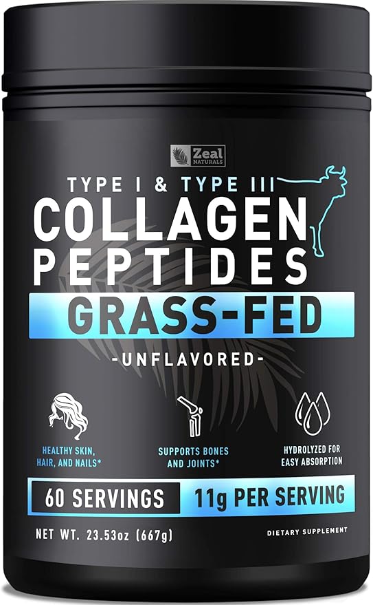 Zeal Naturals Hydrolyzed Collagen Peptides Powder, 10g Protein | Grass-Fed Collagen for Women & Men | Essential Amino Acids | Hair, Skin, Nails, Bone Health | 60 Servings, Unflavored, 23.53 oz.