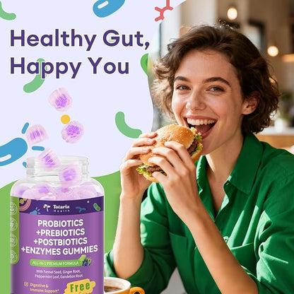 Sugar Free 5-in-1 Probiotic Prebiotic Postbiotic Gummy, 36 Strains Probiotics for Women Men with Digestive Enzymes, Peppermint, Complete Immune, Gut & Digestive Support, Vegan, 60 Ct, Grape Flavor