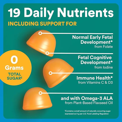 SmartyPants Zero Sugar Prenatal Multivitamin Gummies: Choline, Methylfolate, Omega 3 (ALA), Vitamin D3, C, Vitamin B12, B6, A, K, Zinc, Biotin, Gluten Free, No Sugar Alcohols, 90 Count (30 Day Supply)