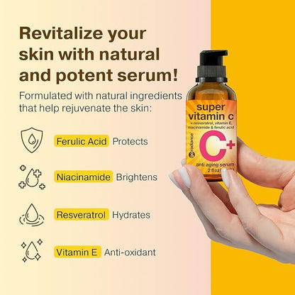 Double Size (2OZ) Super Vitamin C Serum for Face, Niacinamide Serum, 5% Vitamin C Face Serum, Hyaluronic Acid, Resveratrol, Anti-Aging Brightening