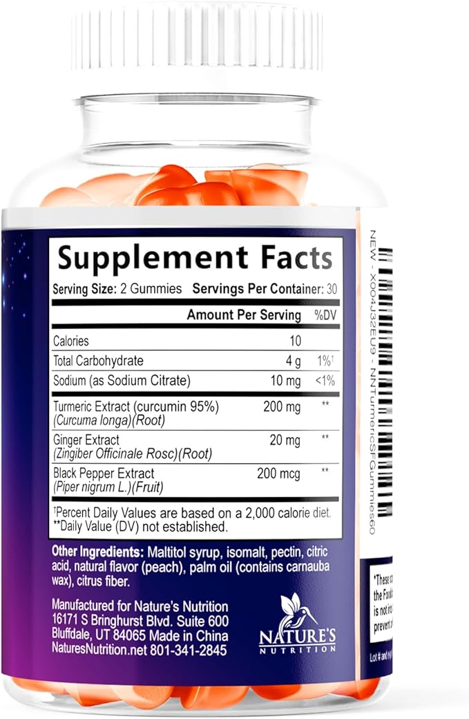 Turmeric Curcumin Gummies Sugar Free Supplement - 95% Curcuminoids with Turmeric & Ginger, Black Pepper for Best Absorption, Nature's Vegan Joint Support, Non-GMO, Tasty Peach Flavor - 60 Gummies