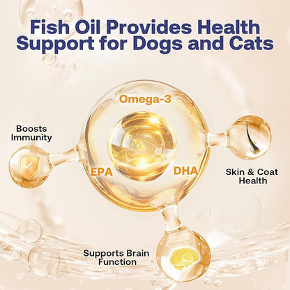 Wild Alaskan Salmon Oil for Dogs & Cats, Fish Oil Omega 3 Supplements with EPA & DHA for Skin & Coat, Immune, Brain, Joint and Heart Health, Dog & Cat Fish Oil Supplements with Pump- 8 oz