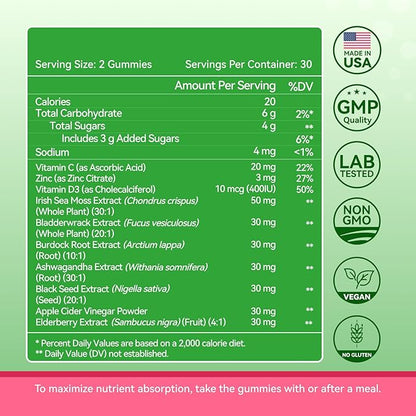 Inner Brightness Sea Moss 4000mg Gummies with Ashwagandha, Elderberry, Apple Cider Vinegar, Bladderwrack, Burdock Root – Immune Support – Mixed Berry Flavor – 60 Count