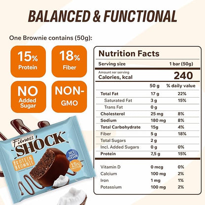 Fitness SHOCK Coconut Protein Brownie - No Added Sugar, 7.5g Protein, Low Carb Guilt-Free Dessert - 0g Added Sugar, 10g Net Carbs, 5g Fiber, Non-GMO, Almond Flour - 10 x 50g