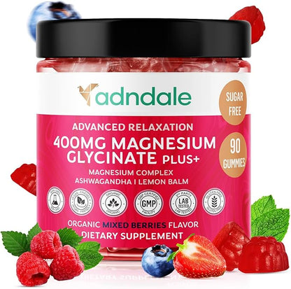 Adndale 90 CT Magnesium Glycinate 400 mg Gummies with Ashwagandha, Magnesium Malate & Taurate, Sugar Free Magnesium Gummies for Adults & Kids.