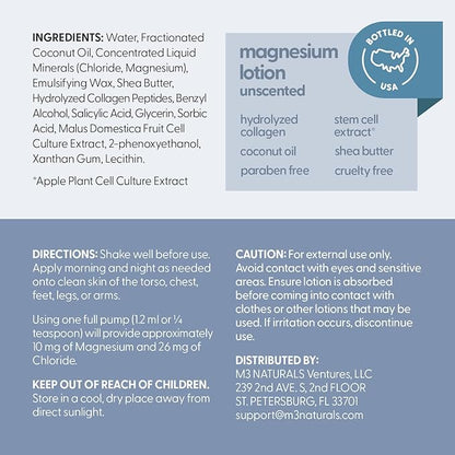 Unscented Magnesium Lotion for Sleep & Leg Cramps, Suitable for Sensitive Skin, Helps with Muscle Relaxation, Soothes Tired Legs & Foot Aches and Supports Restful Nights, 8 fl oz by M3