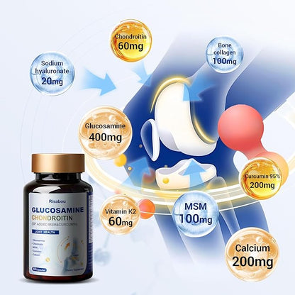 Glucosamine Chondroitin Supplement Advanced Joint & Cartilage Formula, Supports Healthy Joints, Mobility & Cartilage, with MSM, Curcumin 95%, Sodium Hyaluronate, Calcium, Bone, Collagen, Vitamin K2
