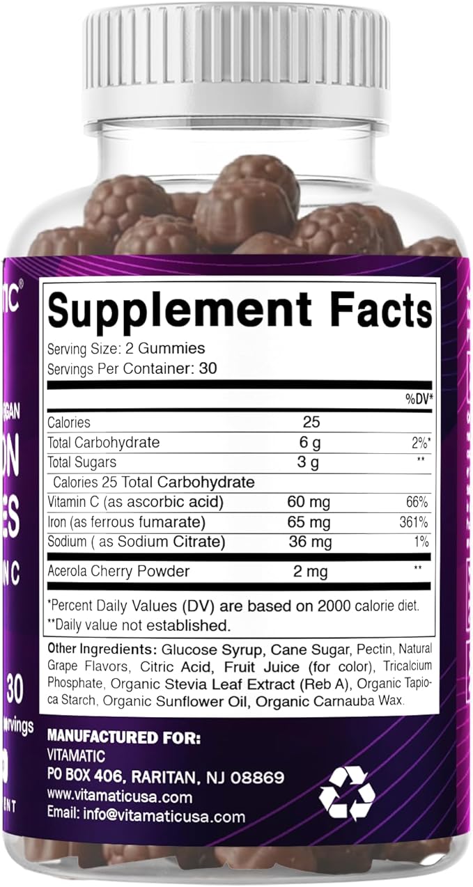 Vitamatic Iron 65 mg Gummies Supplement for Women & Men - 60 Vegan Gummies - Great Tasting Iron Gummy Vitamins with Vitamin C (1)