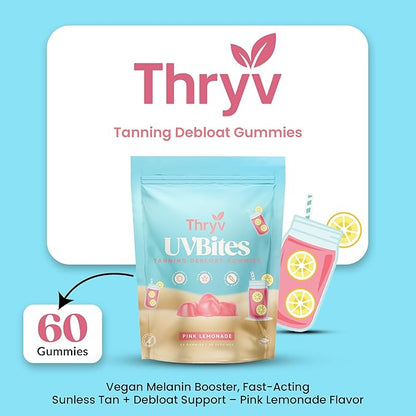 UVBites - Tanning Gummies - Self Tan Supplement - Tanning Pill - Fast Acting & Debloating Melanin Supplement with Beta Carotene, Astaxanthin, Niacinamide - Glow Up Skin (60 Count, Pink Lemonade)