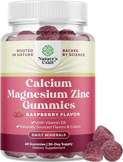 Calcium Magnesium Zinc Gummies - Magnesium Zinc Calcium Supplement Gummies with Vitamin D3 for Teeth and Bone Health - Certified Kosher Non-GMO Gelatin Free & Vegetarian Friendly 60 Count