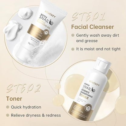 Snail Skin Care Set with Red Ginseng - 5PCS Korean Skin Care Set with Facial Cleanser, Toner, Serum, Eye Cream & Face Cream - Moisturizing and Smoothing Skin - Skincare Gifts for Women Teen Girls
