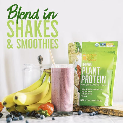 BetterBody Foods Organic Plant Based Protein Powder, 16g of Protein 24% DV, Vegan, Low Net Carbs, Gluten Free, Dairy Free, No Sugar Added, Soy Free, Non-GMO, 12.7 Ounces