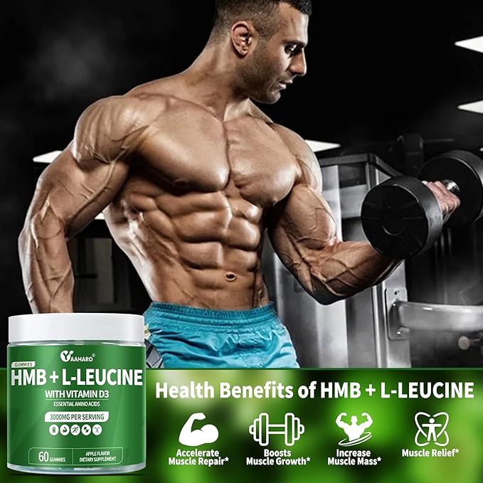 2 Pack HMB and L-Leucine Gummies - 3000mg HMB and Leucine Amino Acid with Vitamin D3 for Muscle and Energy Support, HMB Supplements for Men and Women, Sugar-Free, Vegan, Apple Flavor, 120 Gummies