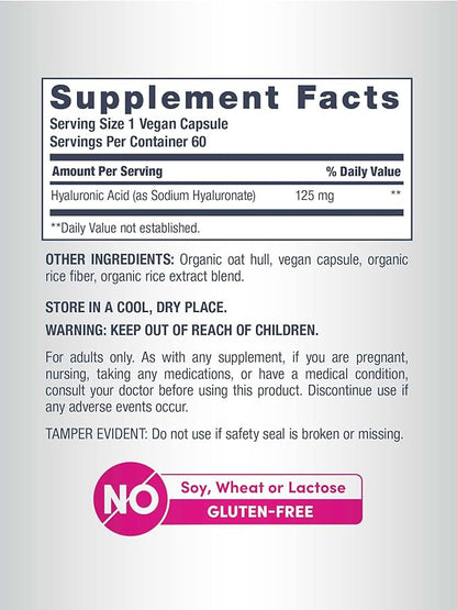 NeoCell Hyaluronic Acid Capsules | 60 Pills | 125 mg | Daily Hydration | Hair, Skin & Nails | Vegan Supplement