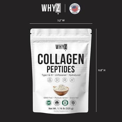 Bovine Collagen Peptides Powder Hydrolyzed Type I & III Protein, Grass-Fed Pasture-Raised Source, Unflavored Collagen Supplement Paleo-Friendly For Active Lifestyles & Wellness Non-GMO,1.16 lb (525g)
