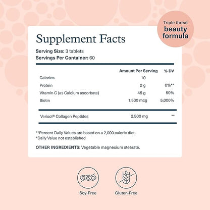 Youtheory Concentrated Effect Collagen with Verisol - Collagen Peptides with Vitamins C & B - Supports Hair, Nails, Bones & Joints* - 180 Tablets (60-Day Supply)