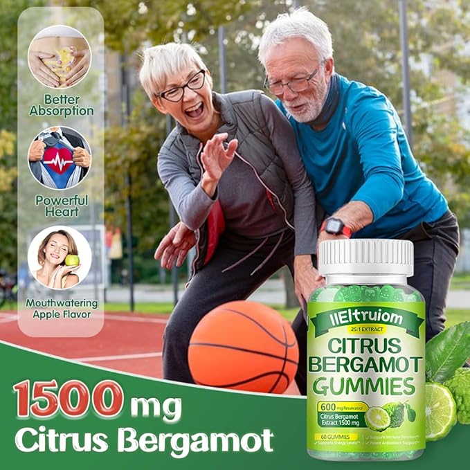 Citrus Bergamot 1500mg, Citrus Bergamot Gummies for Healthy Cholesterol, Bergamot Supplements 25:1 Extract from Italy Bergamot, Resveratrol & Niacin - Natural Vegan 60 Gummies