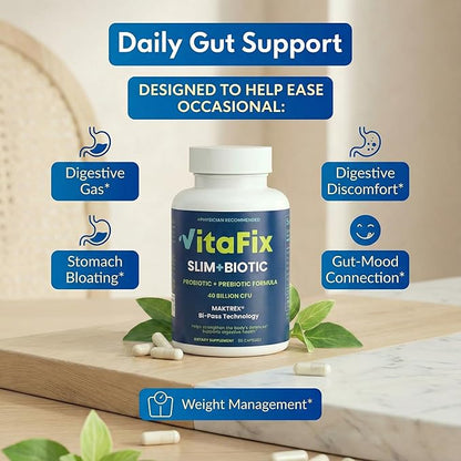 Probiotic & Prebiotic SlimBiotic Synbiotic – 40 Billion CFU with MAKTREK® Bi-Pass Tech, Helps Gut Health & Digestion, Regularity, Bloat, Immune & Weight Loss For Women and Men, (60 Ct) Gluten Free