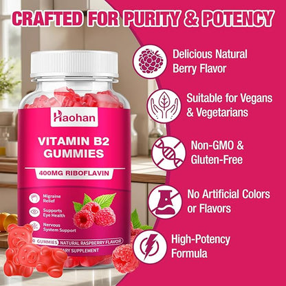 Haohan Vitamin B2 400mg with Magnesium Gummies for Migraine and Nervous System Support in Sugar-Free Vegan Raspberry Flavor, 120 Count for Adults and Kids