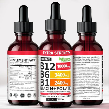 NUSAVA (2 Pack Extra Strength Liquid Vitamin B12 Sublingual Vitamin B Complex - B12 Drops 10000mcg - Methylcobalamin for Energy, Brain, and Heart Support, Raspberry Flavor, 2 floz, 80 Servings