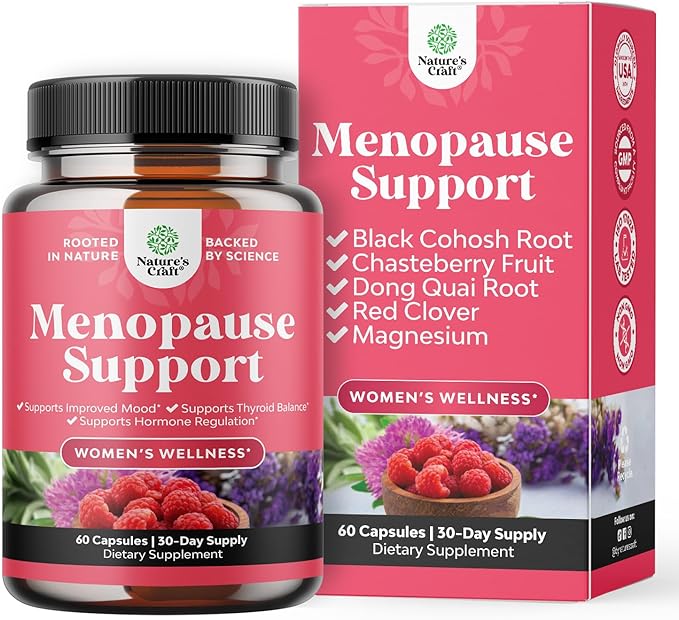Natures Craft Complete Herbal Menopause Supplement for Women - Female Hormone Balance Capsules for Night Sweats Hot Flashes & Mood Swings with Dong Quai, Chaste Berry & Black Cohosh Root - 60 Count