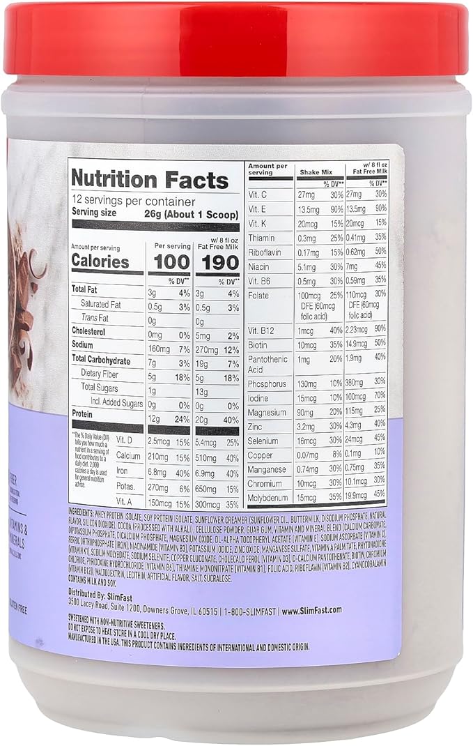 SlimFast Advanced Nutrition Creamy Chocolate Smoothie Mix – Weight Loss Meal Replacement – 20g protein – 11.4 Oz. Canister – 12 servings - Pantry Friendly