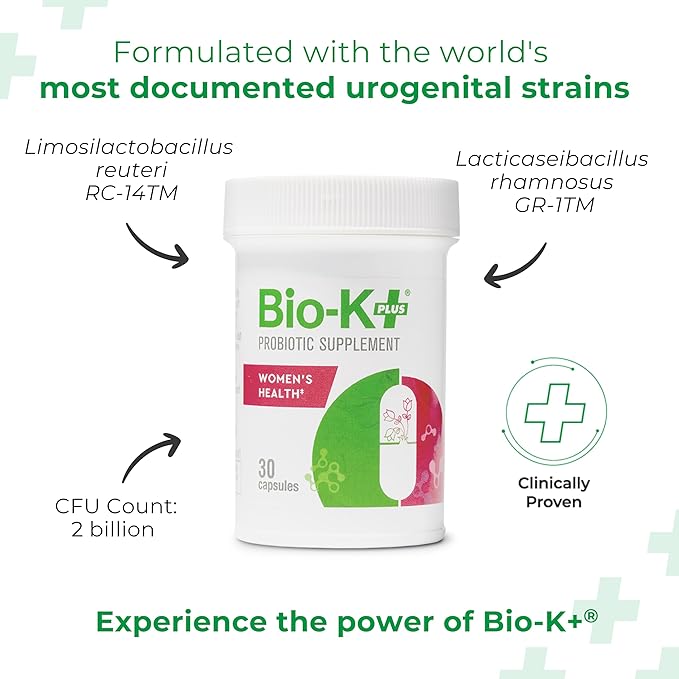 Bio-K+ Probiotic for Women support for Vaginal & Urinary Tract Health, Probiotic Supplement with 2 Billion CFU 2 Strains, Vegan, Shelf-Stable – 30 Capsules