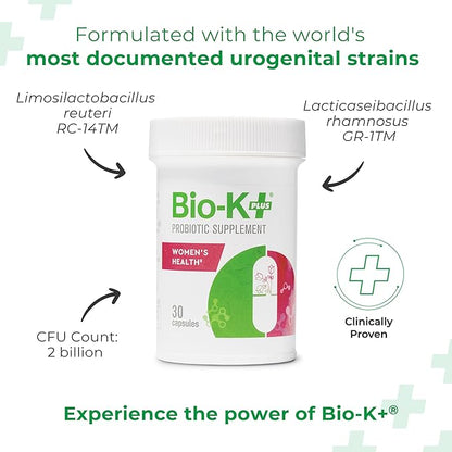 Bio-K+ Probiotic for Women support for Vaginal & Urinary Tract Health, Probiotic Supplement with 2 Billion CFU 2 Strains, Vegan, Shelf-Stable – 30 Capsules